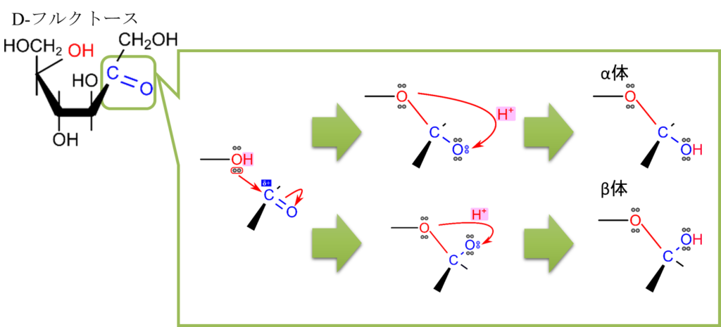 D-フルクトースの分子内へミケタール形成メカニズム