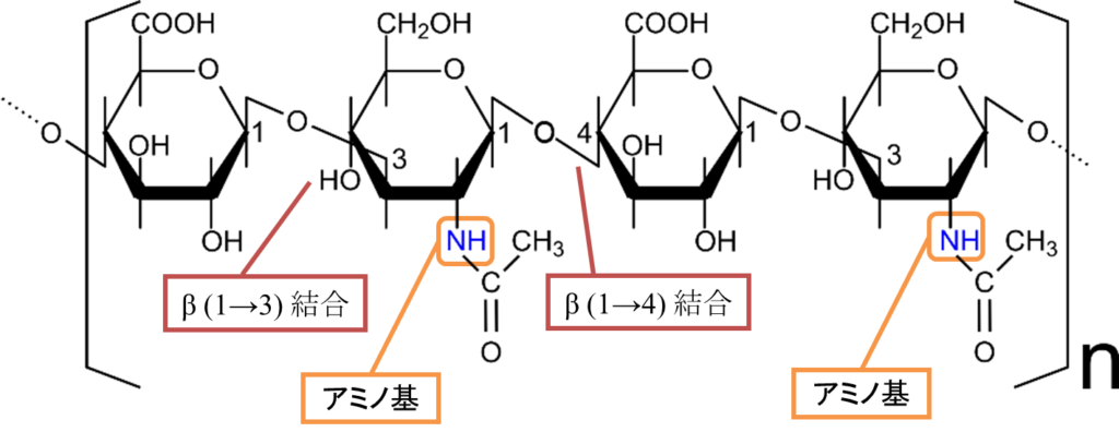 ヒアルロン酸の構造。 D-グルクロン酸と N-アセチル-D-グルコサミンが β 13 結合とβ 14 結合で交互につながっている